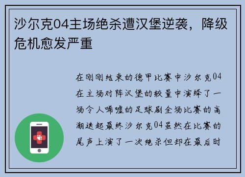 沙尔克04主场绝杀遭汉堡逆袭，降级危机愈发严重